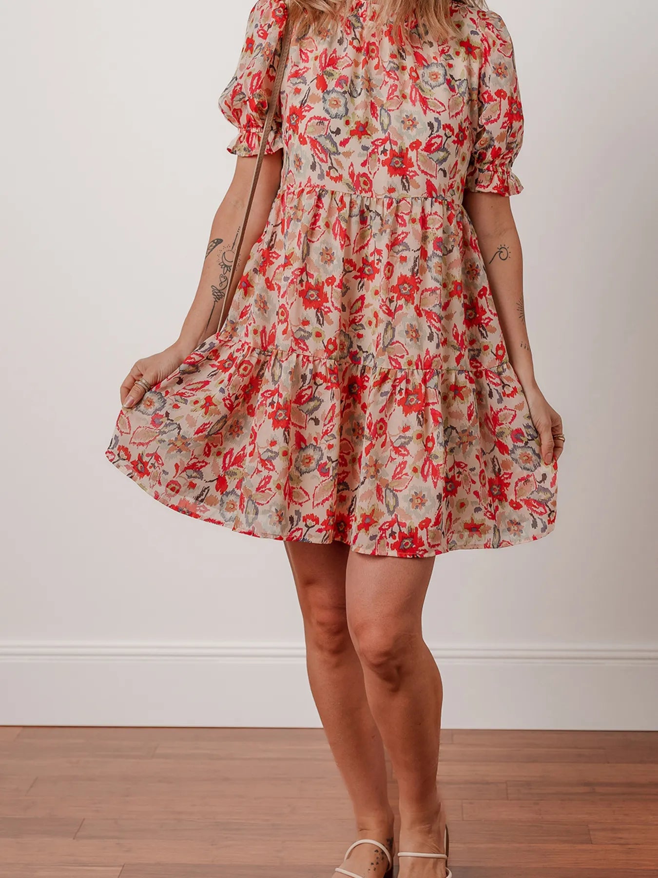 Floral Print Frilled Neck Puff Sleeve High Waist Dress