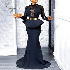 Ingvn - elegant floor length long evening party dress women sexy lace sheer long sleeve plus size tunic peplum maxi dresses new year