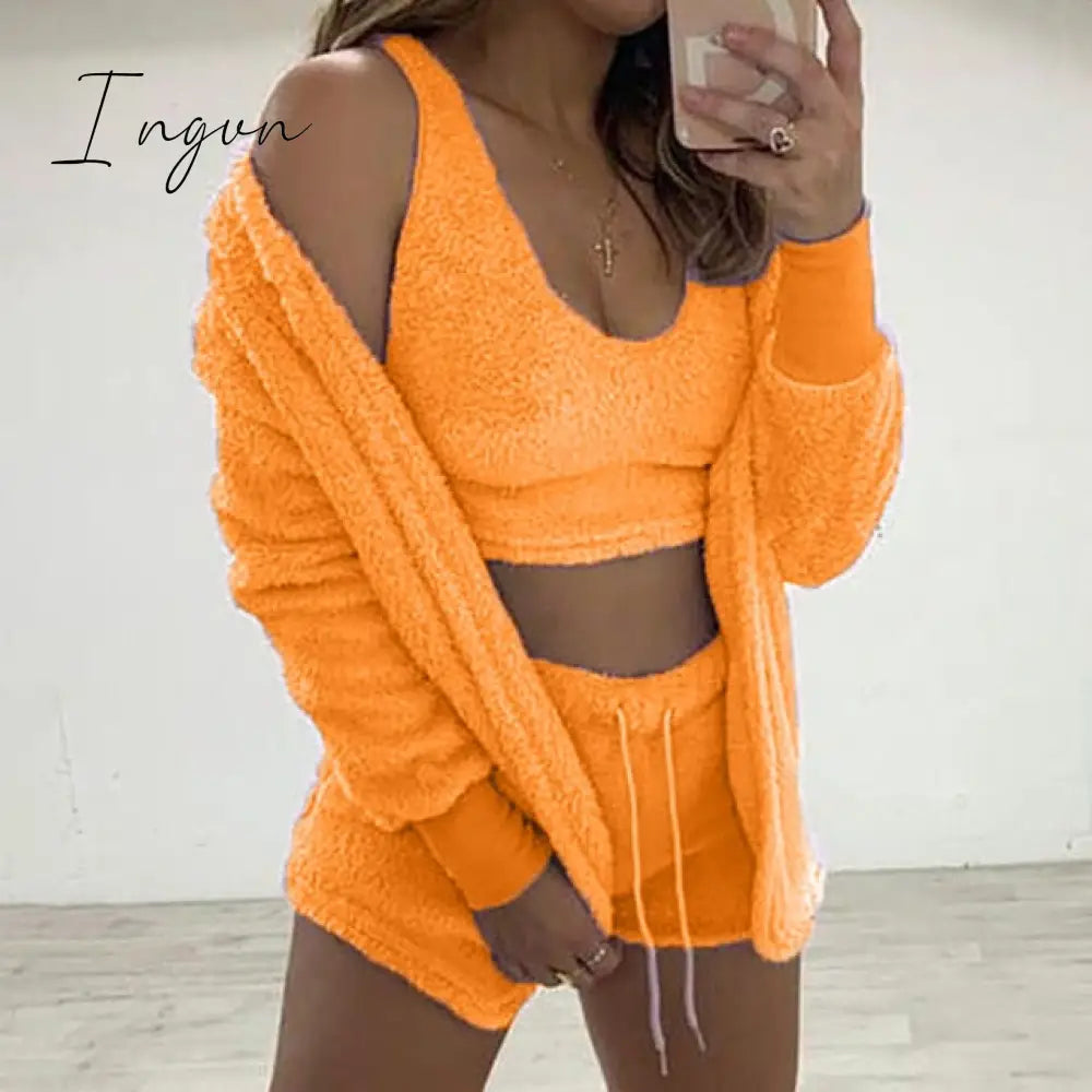 Ingvn - Three Piece Sexy Fluffy Outfits Plush Velvet Hooded Cardigan Coat+Shorts+Crop Top Women Tracksuit Sets Casual Sports Sweatshirt