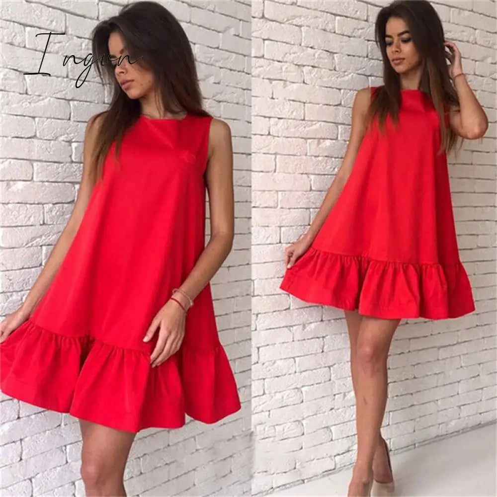Ingvn - Women Female Short Sleeve Loose Mini Short A-line Dresses Summer Beach Casual Dress Candy Color S-XXL