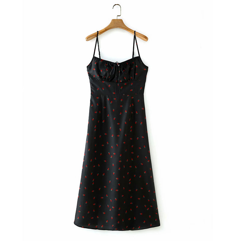 Voguable  Strawberry Print White Chiffon Long Dress Women Spaghetti Strap Vintage Boho Summer Beach Maxi Dress Sleeveless Sundress
