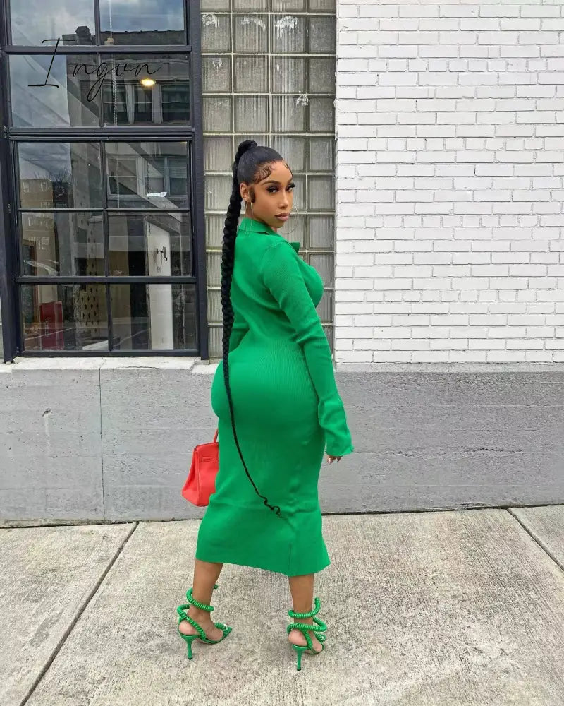 Ingvn - Womens Fashion Long Sleeve Knitted Button Midi Dress Turn Down Collar Slim Sexy Dresses Autumn Ribbed Robe Women Clothing Vestidos