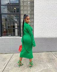 Ingvn - Womens Fashion Long Sleeve Knitted Button Midi Dress Turn Down Collar Slim Sexy Dresses Autumn Ribbed Robe Women Clothing Vestidos