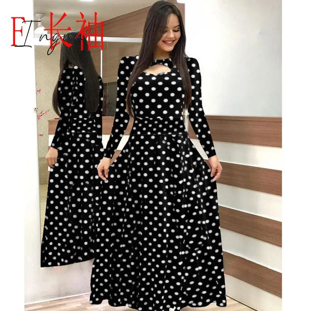 Ingvn - S- 5XL Plus Size Elegant Oversized Tunic Women Dress Bohmia Flower Print Maxi Dresses Fashion Hollow Out Long Vestidos