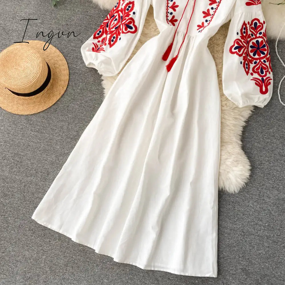 Ingvn - Women Autumn Dresses Bohemian Embroidered Flower O-Neck Lantern Sleeve High Waist Pleated Dress All-match Female Vestidos GK393