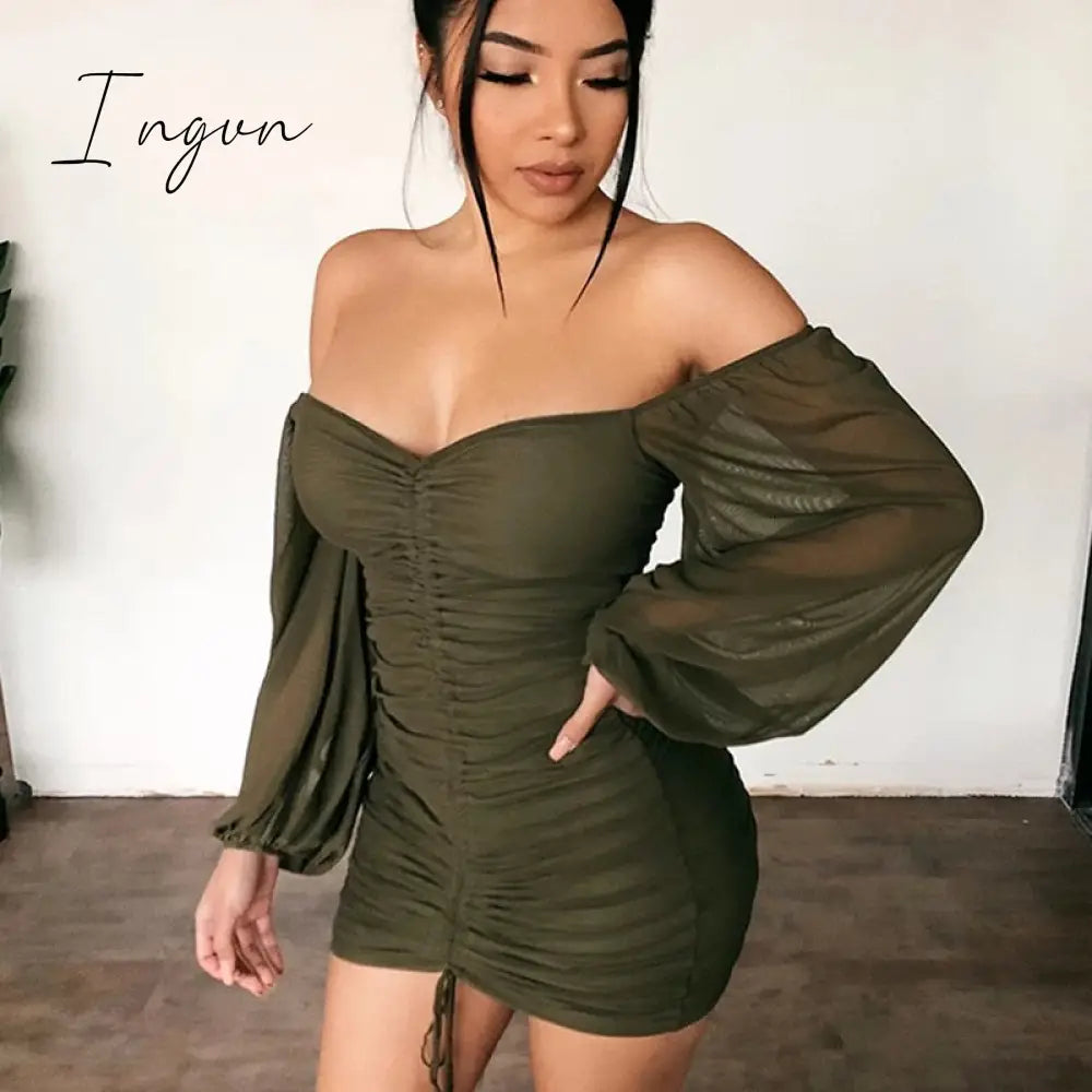 Ingvn - White Summer Dress Women Pleated Bodycon zipper Club Party Sexy Dresses long Sleeve Mini Elegant Dress Vestido Bandage