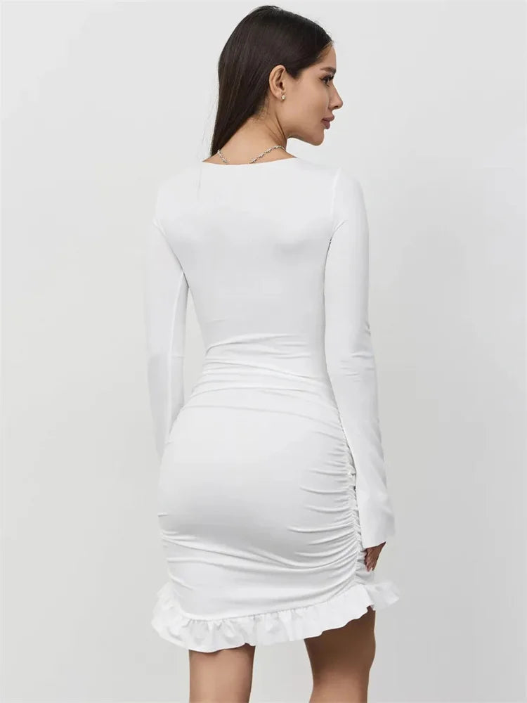 Ruffled Twist Skinny MIni Dress Women's Long Sleeve Patchwork High Waist Sexy Fashion Party Dress Female Y2k Bodycon Dress