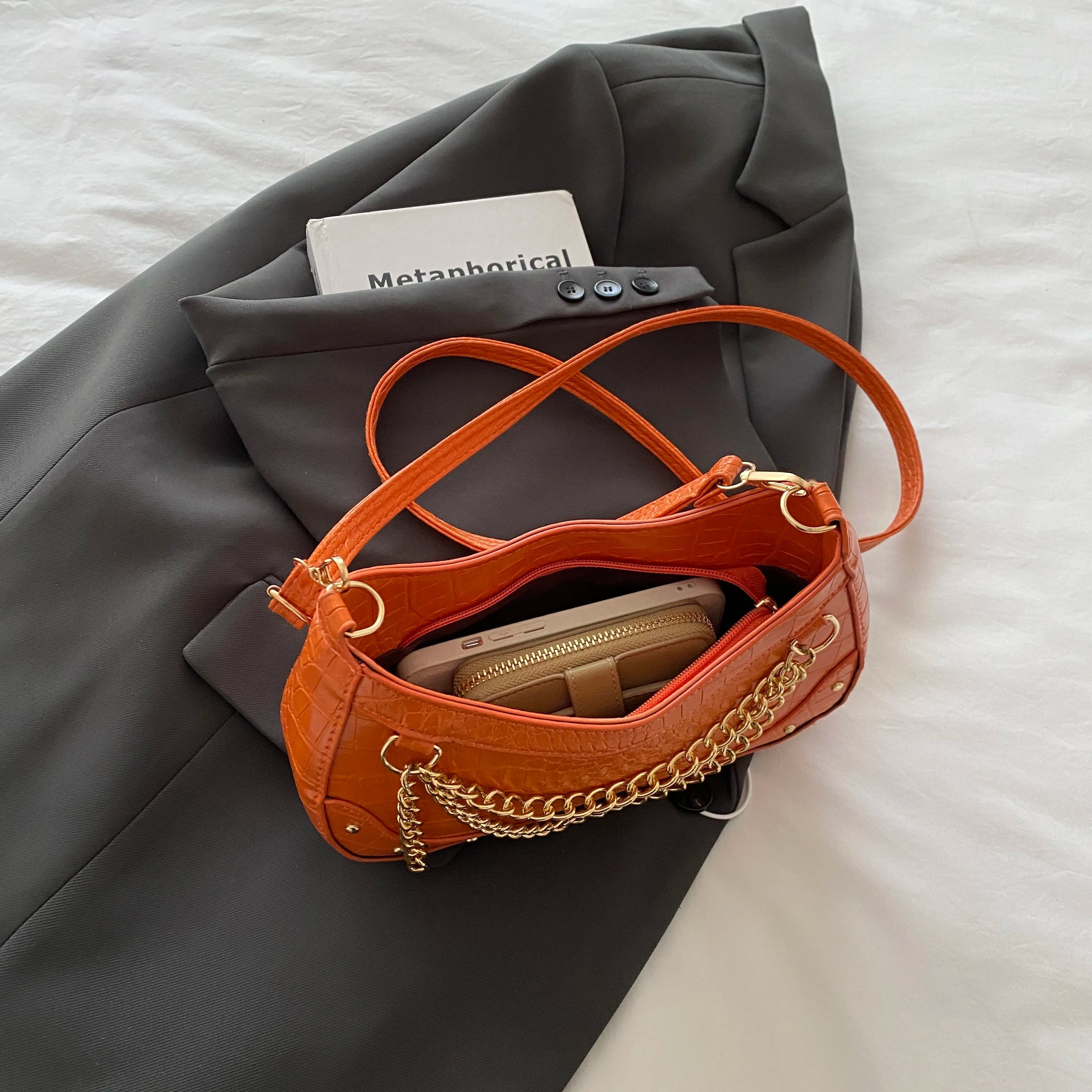 Chain-Embellished Shoulder Bag