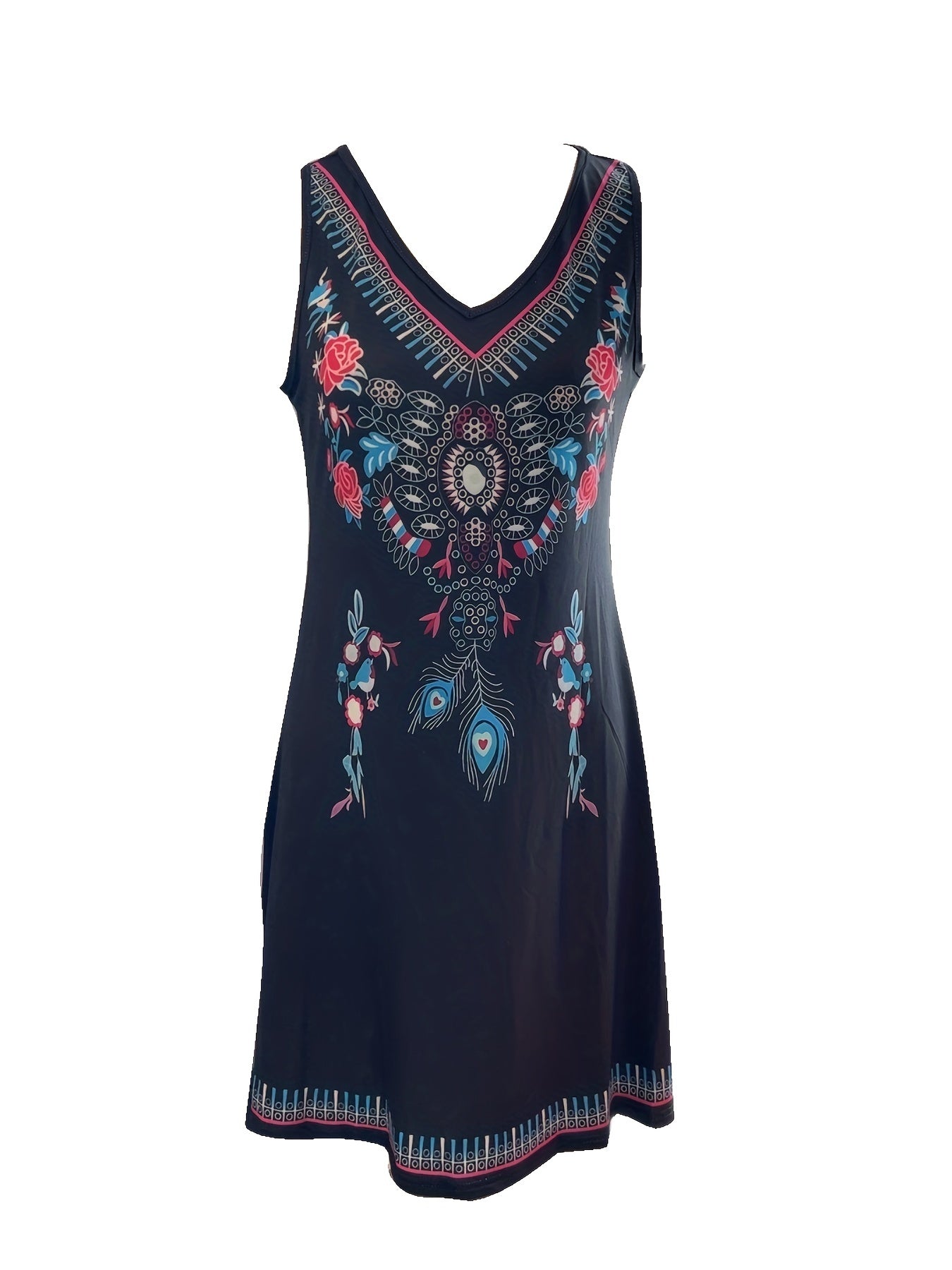 Bohemian Chic Floral V-Neck Dress - Breezy Sleeveless Design - Perfect for Summer Outings - Women's Fashion