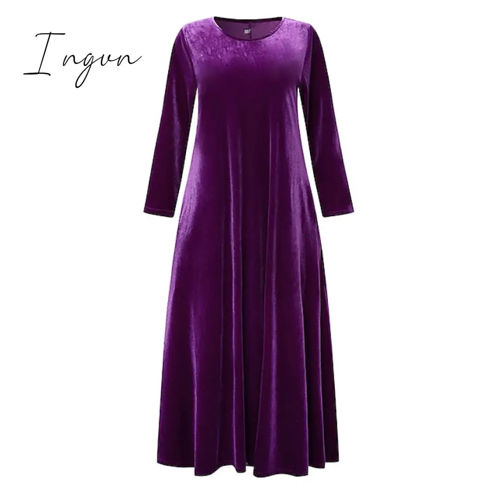 Ingvn - Women‘s Velvet Dress Shift Dress Caftan Dress Long Dress Maxi Dress Green Black Purple Long Sleeve Pure Color Pocket Winter Fall Spring Crew Neck Mature Winter Dress Daily Vacation 2023