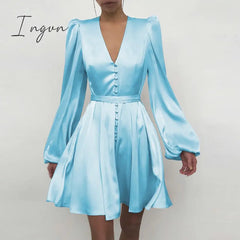 Ingvn - High Quality New Women Elegant Solid Ruffle Dress Sexy Lantern Sleeve Satin Slim A-line Dress Spring Autumn V-neck Party Dresses Vestido