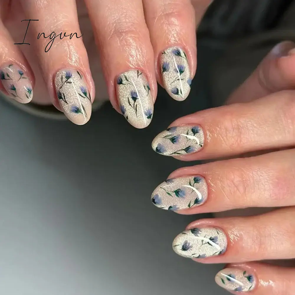 24pcs Short Glitter Purple False Nails  Almond Stiletto French Wearable Fake Nails Art Artificial Full Cover Press on Nail Tips