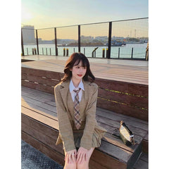 New Korean Temperament Short Suit Jacket + White Shirt + High Waist Pleated Skirt Three-piece Women's Clothing Campus Wear
