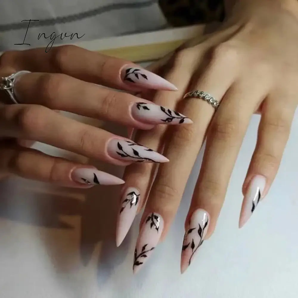 24Pcs False Nails With Glue Almond Pink Butterfly Design Detachable Rhinestones Acrylic Fake Nails long stiletto Press On Nails