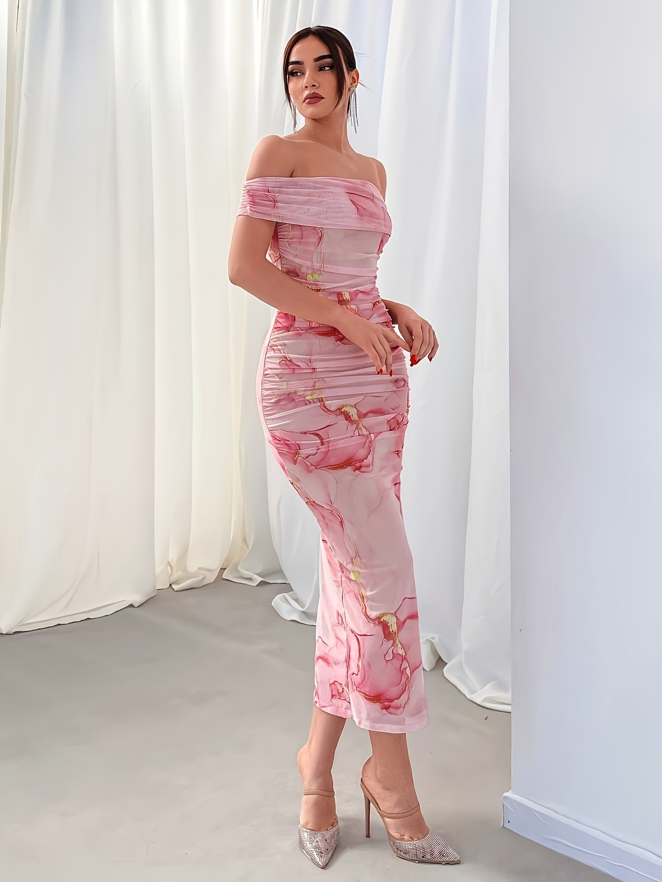 Elegant Floral Print Off Shoulder Dress - Backless Slim Side Split for Party & Banquet - Women's Clothing