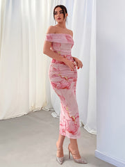 Elegant Floral Print Off Shoulder Dress - Backless Slim Side Split for Party & Banquet - Women's Clothing