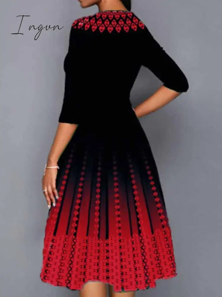 Ingvn - Women's Work Dress Swing Dress Church Dress Midi Dress Red Royal Blue Blue 3/4 Length Sleeve Print Print Summer Spring Crew Neck Elegant 2023 S M L XL XXL 3XL 4XL 5XL