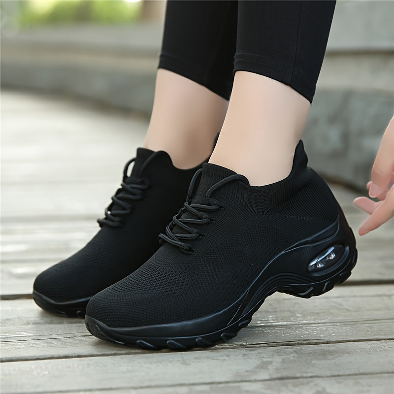 Comfortable Air Cushion Sneakers for Women - Breathable Mesh Upper, Thick Sole, Lazy Lace-Up Design, Fabric Material, Ideal for Casual Running, Sports, and Business Wear