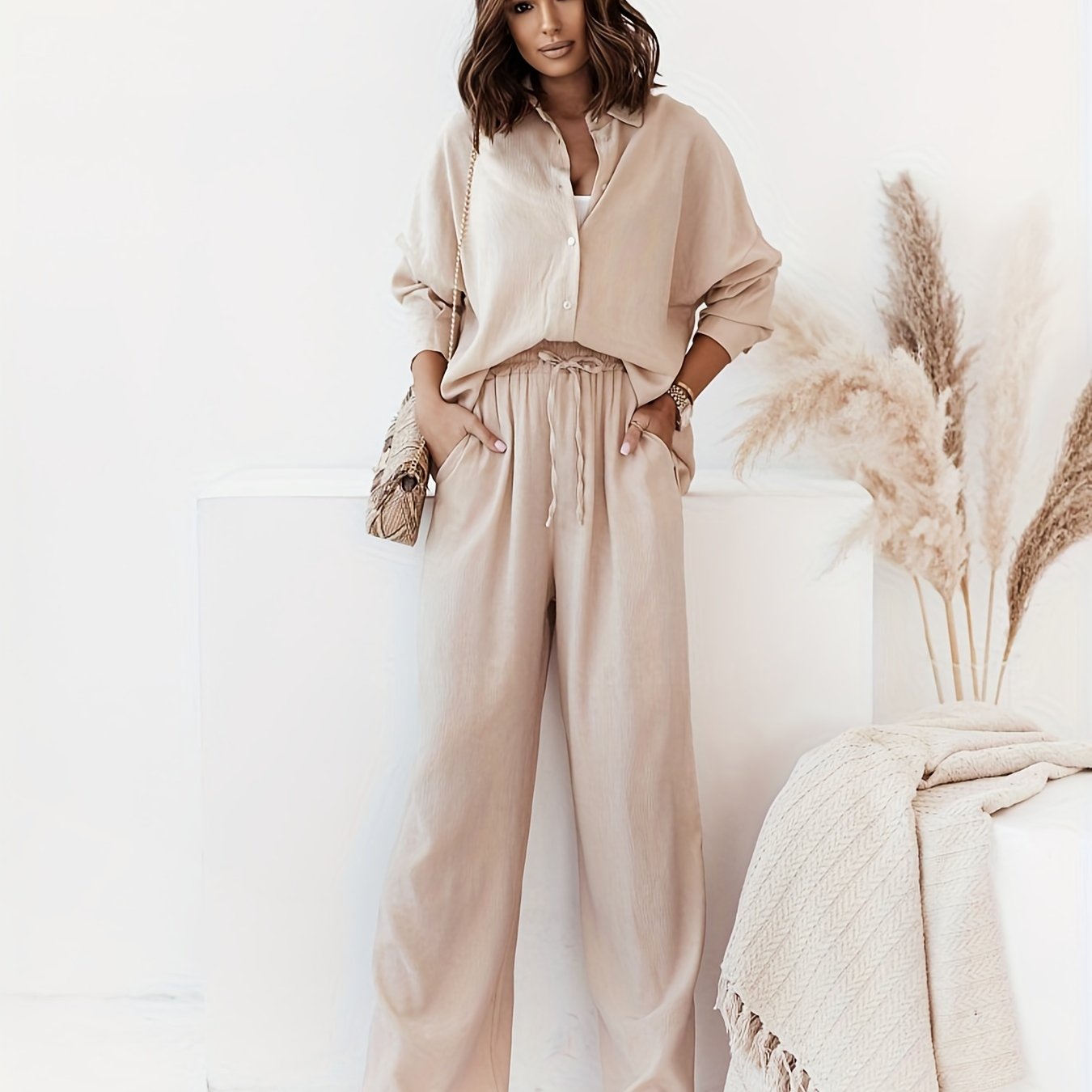 Two-Piece Chic Pantsuit Set - Women's Solid Casual Outfit with Button Front Turn Down Collar Shirt and High Waist Wide Leg Pants - Comfortable and Elegant Clothing for Everyday Wear