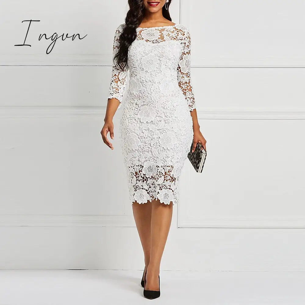 Ingvn - Women Midi Dress Hot Sale Elegant Sexy OL Bodycon Floral Hollow Lace Female Fashion Evening Party Chic Sheath Ladies Dresses