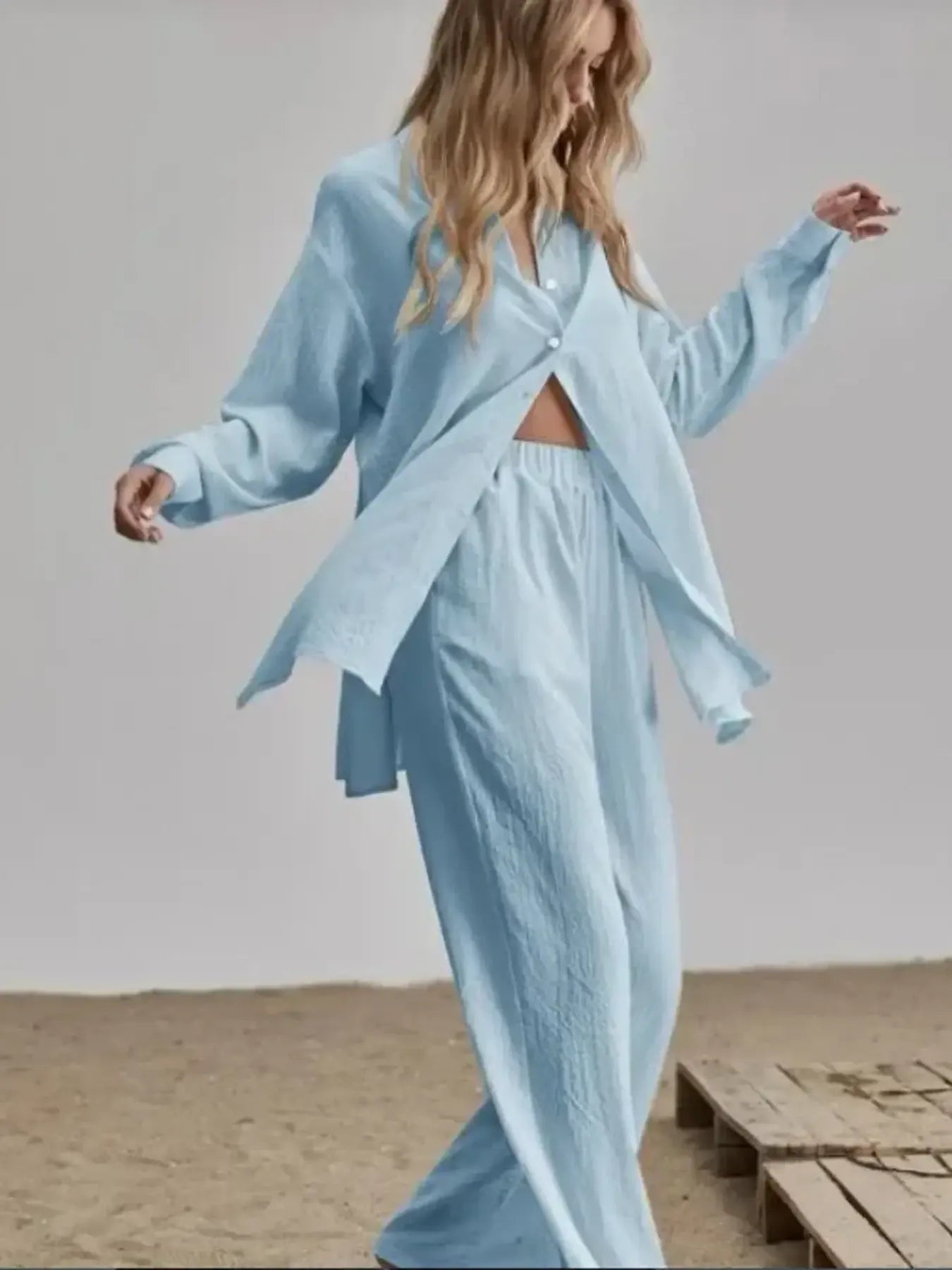 Button Up Long Sleeve Shirt and Pants Set