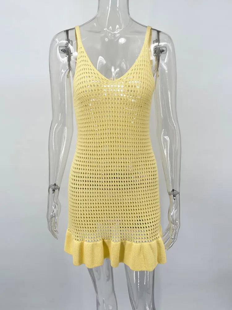 Knit Ruffled Hollow Out Mini Dress Female V-Neck See-Through Holiday Beach Casual Clothes Summer Women's Knitwear Dress