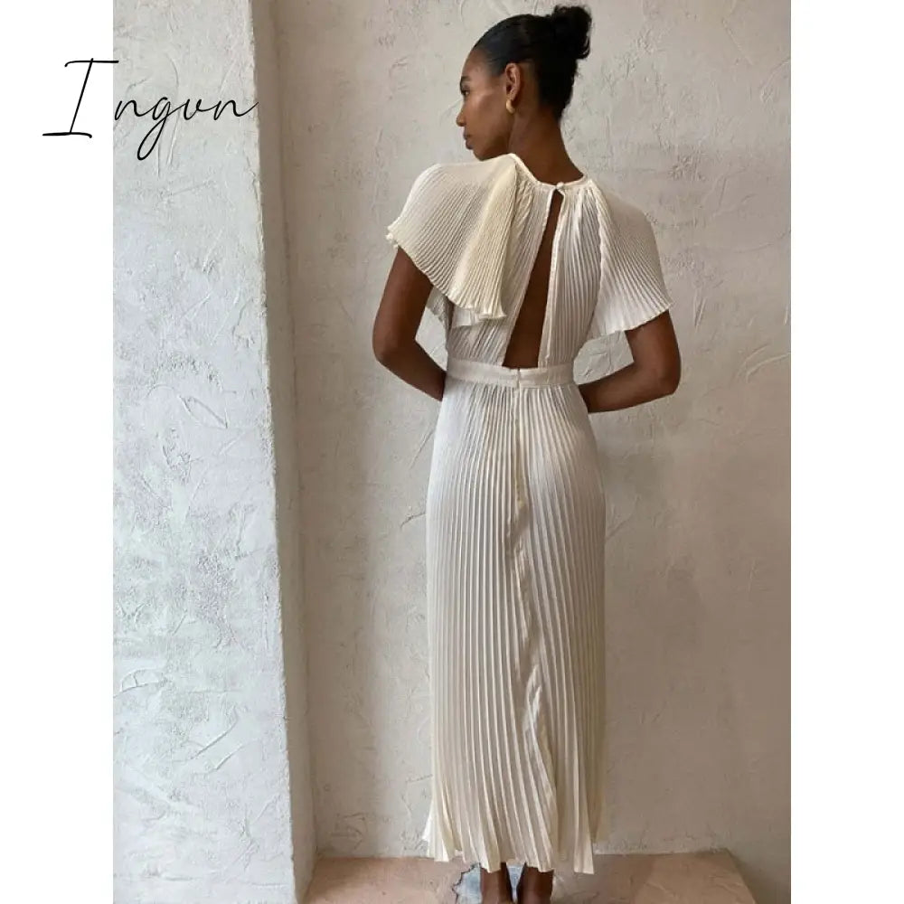 Ingvn - Casual Hollow Out Pleated Dress For Women Fashion Flare Sleeve Backless A Line Dresses Spring summer O Neck Office Lady dress