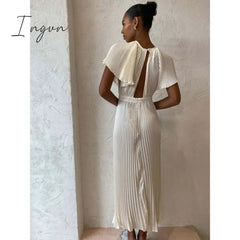 Ingvn - Casual Hollow Out Pleated Dress For Women Fashion Flare Sleeve Backless A Line Dresses Spring summer O Neck Office Lady dress