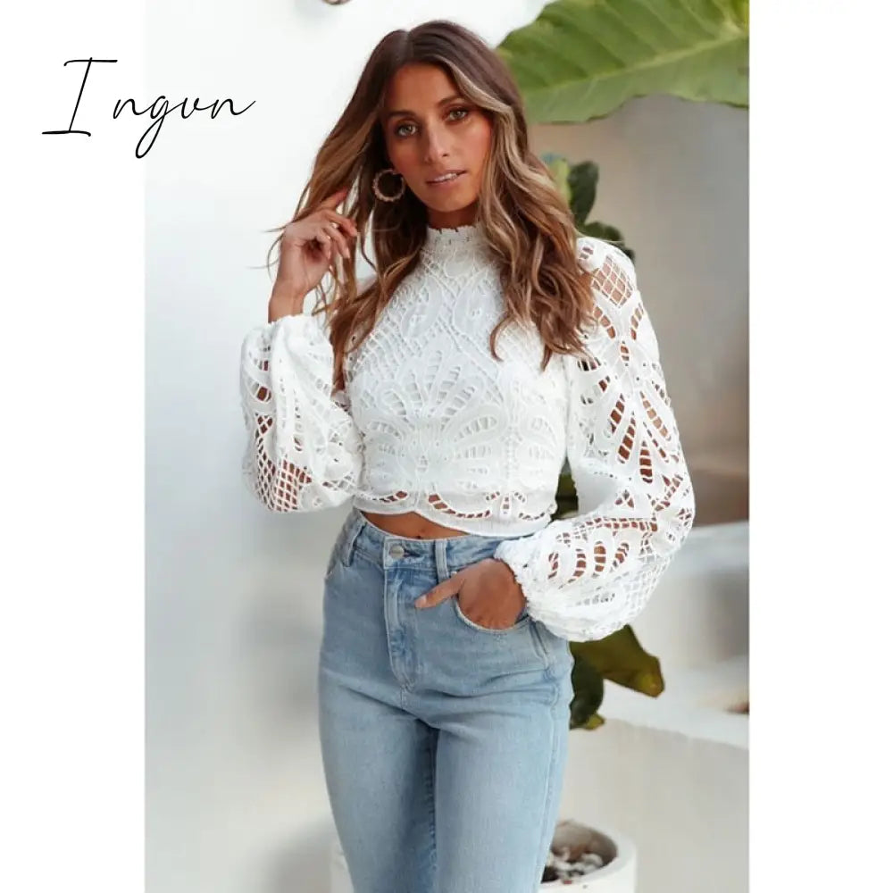 Ingvn - Sexy Long Sleeve Lace Blouse Women Tops Casual White Crochet Hollow Out Cropped Women's Shirt Turtleneck Female Blusas 16296