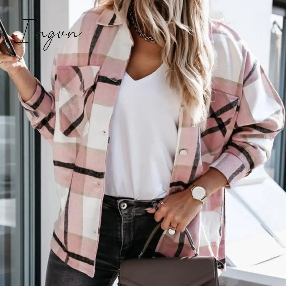 Ingvn - Shirts For Women Plaid Long Sleeve Button Up Shirt Collared Tops And Blouse Autumn Spring Fashion Loose Casual Black White