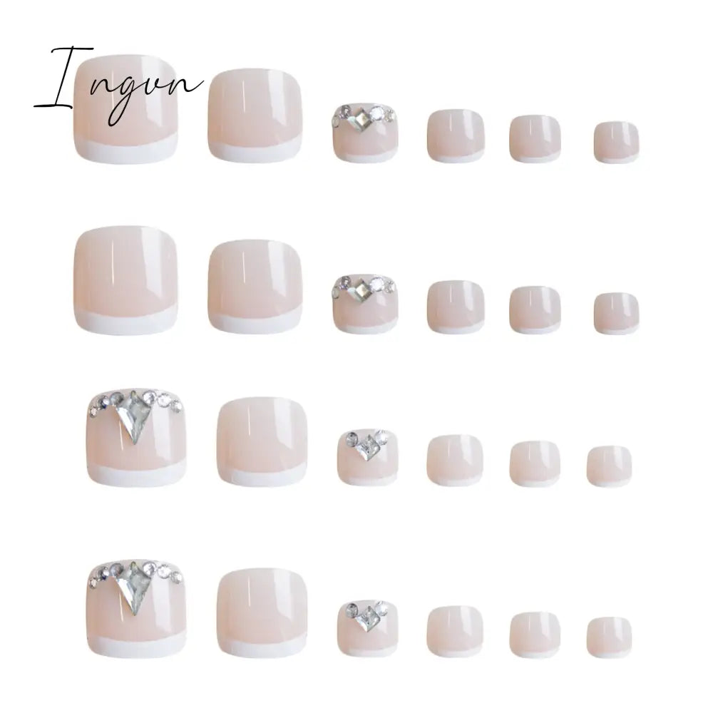 Summer Classic White French False Foot Nails Flash Toenail Press On Short Square Fake Toe Nails Silver Diamond Glitter Nail Tips