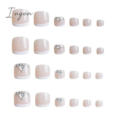 Summer Classic White French False Foot Nails Flash Toenail Press On Short Square Fake Toe Nails Silver Diamond Glitter Nail Tips