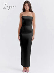 Ingvn - Elegant Women Part Dress Thickened Satin Fabric Spaghetti Strap Sleeveless Backless Bodycon Sexy Club Long Dress 2023