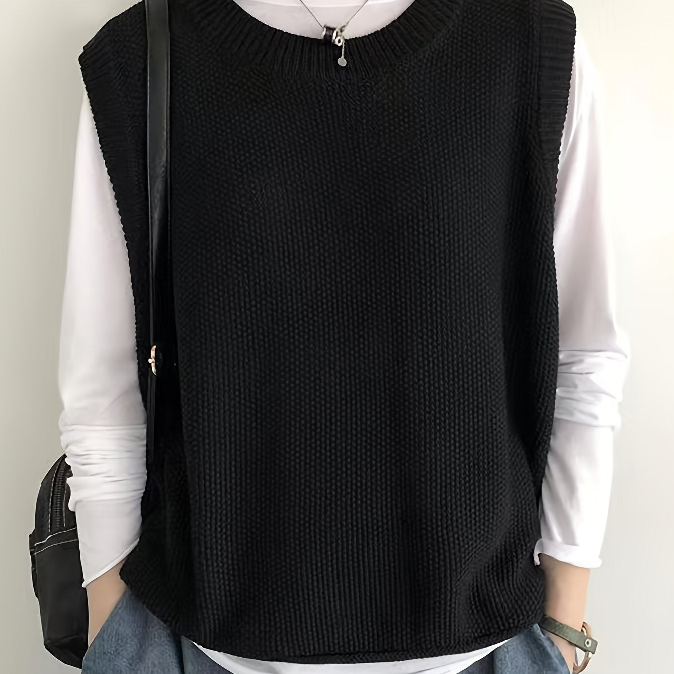 Women's Casual Solid Crew Neck Knitted Sleeveless Loose Fit Vest Sweater, Soft and Cozy Winter Clothing