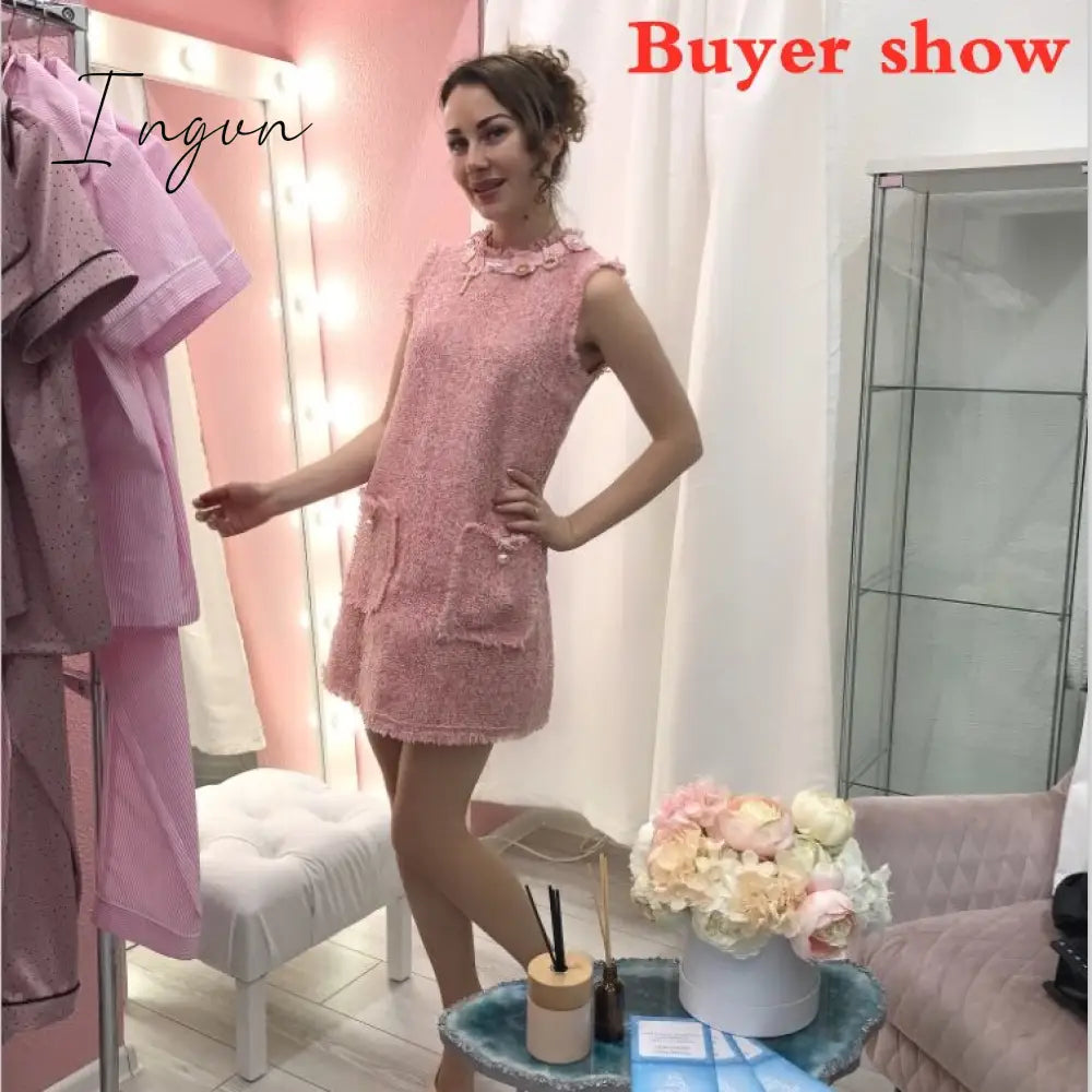 Ingvn - Trends 2023 high quality Brand Dress Sweet Diamonds Bead Pink Dress Robe Hiver Autumn Tweed Woolen Women Dress vestidos Robe Femme Jurken 2698