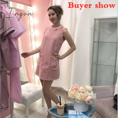 Ingvn - Trends 2023 high quality Brand Dress Sweet Diamonds Bead Pink Dress Robe Hiver Autumn Tweed Woolen Women Dress vestidos Robe Femme Jurken 2698