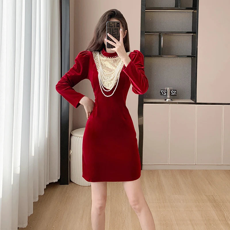Autumn Elegant Black Velvet Dresses for Women Long Sleeve Stand Collar Mermaid Evening Party Dress Prom Robe Vestidos Mujer New