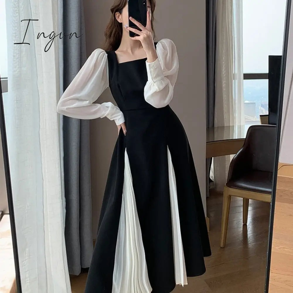 Ingvn - Office Lady Black Elegant Dress Women French Vintage Midi Dress Casual Party One Piece Dress Korean Fashion Autumn Chic