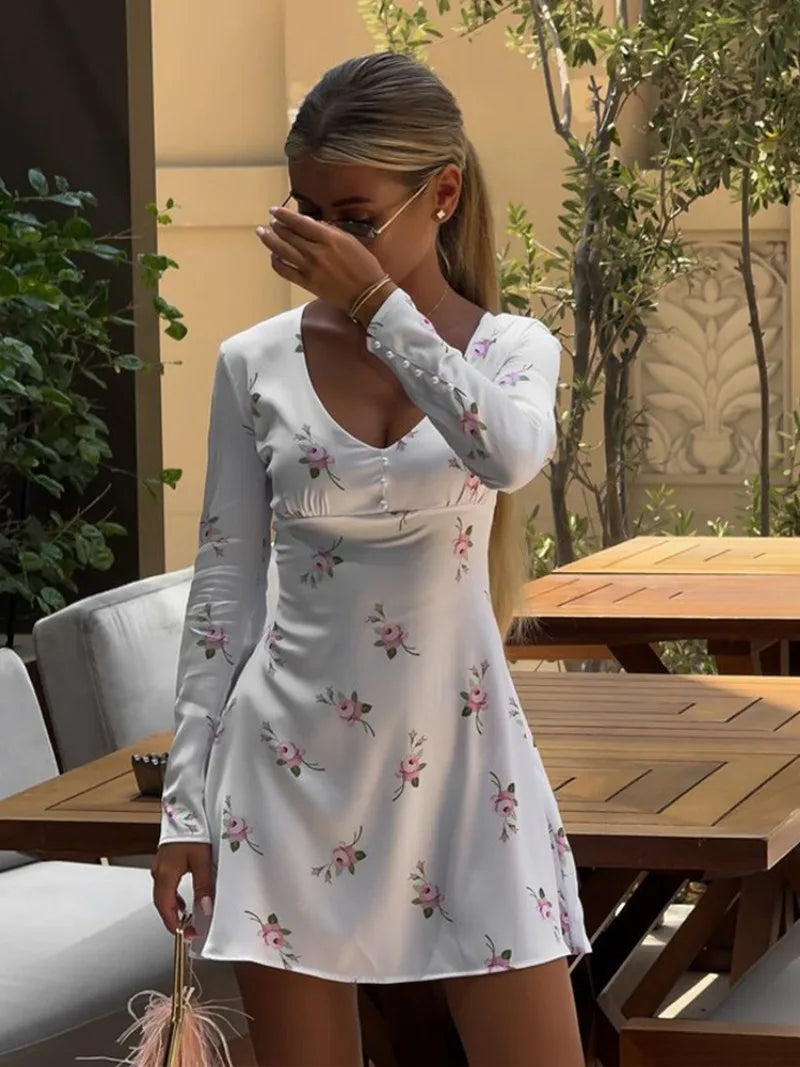 Ingvn  Fall Vintage Floral Print Short Dress Streetwear Office Lady V-neck Long Sleeve Tunics A-line Satin White Holiday Dresses