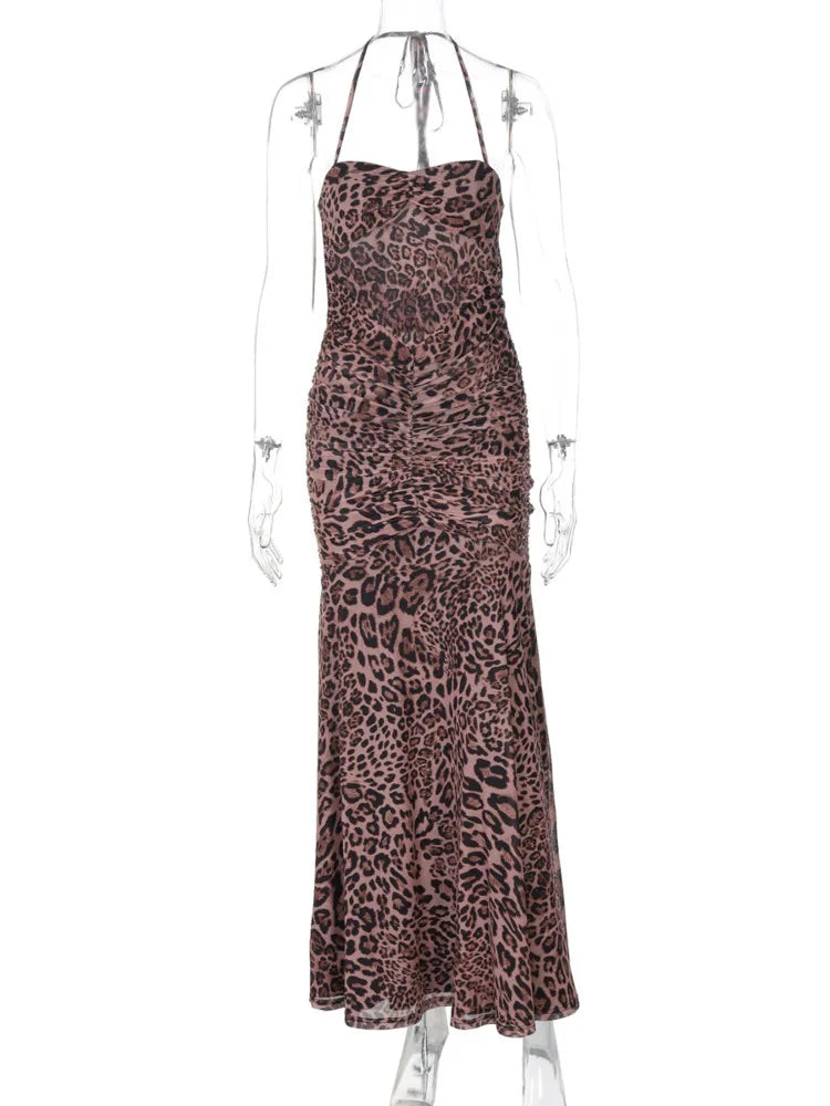 Leopard Print Backless Sexy Maxi Dress For Women Gown Halter Off-shoulder Sleeveless Bodycon Beach Long Dress Vestido