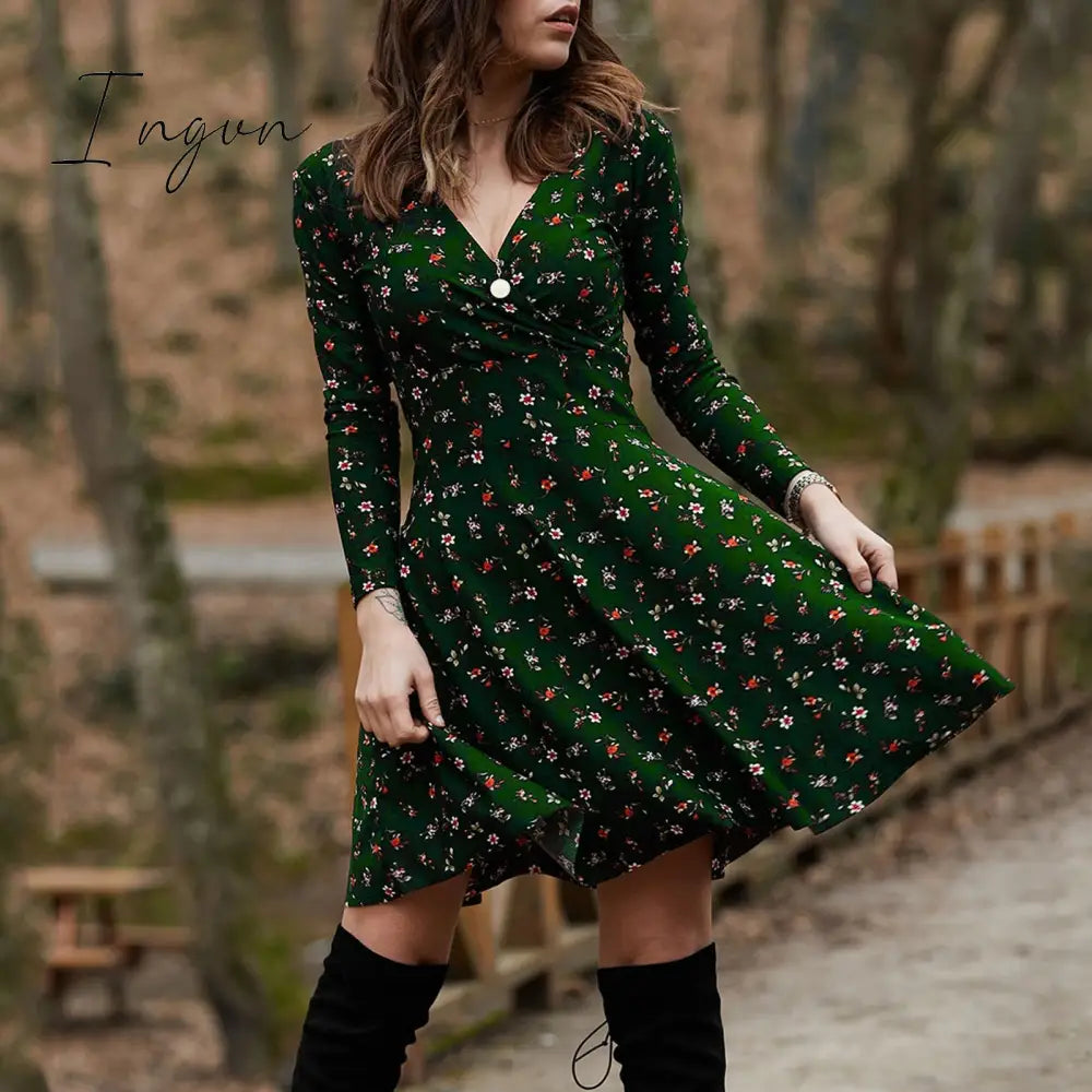 Ingvn - Spring Summer Long Sleeve V Neck Flowers Print Boho Dress Women Elegant Vintage Floral Printed Casual  Green A-line Swing Dress