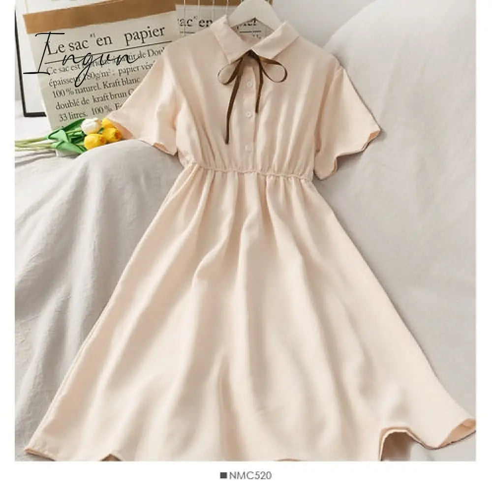 Ingvn - Dress Women Chiffon Bow Solid High Waist Turn-down Collar Preppy Style Kawaii Ulzzang Popular Temperament Girls Summer Holiday