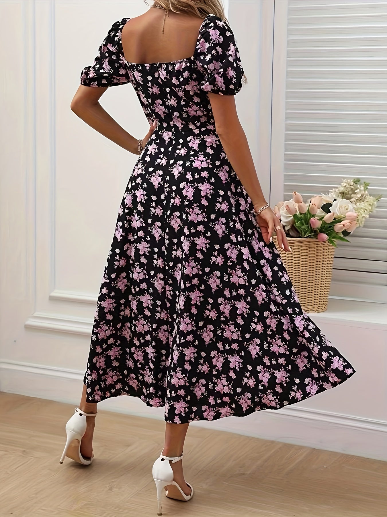 Elegant Floral Puff Sleeve Dress - Lightweight, Split Hem A-line for Spring & Summer Occasions
