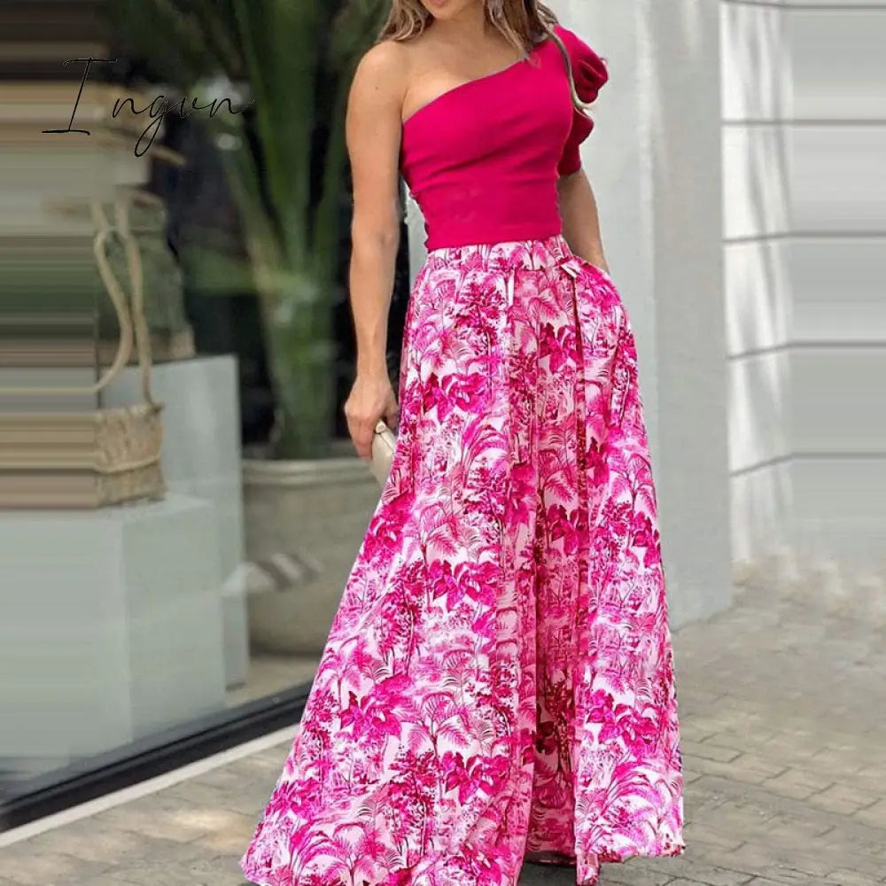 Ingvn - 2023 Fashion Summer Autumn Two Piece Sets Womens Fashion Sexy Mid Sleeve Shirt Elgant Floral Print Wide Leg Pant Suit Casual 2pcs Set Women