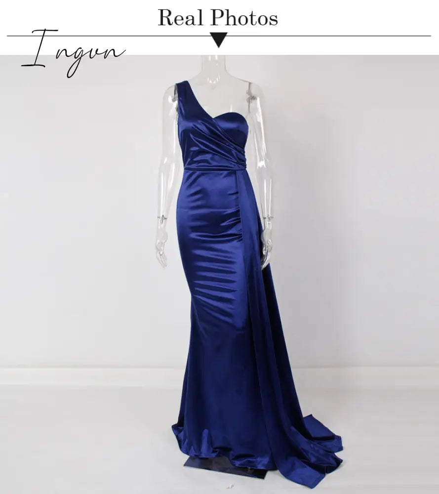 Ingvn - One Shoulder Padded Sexy Satin Maxi Dress Women's Evening Party Dress Gown with Ribbon Royal Blue Green Draped Long Dress
