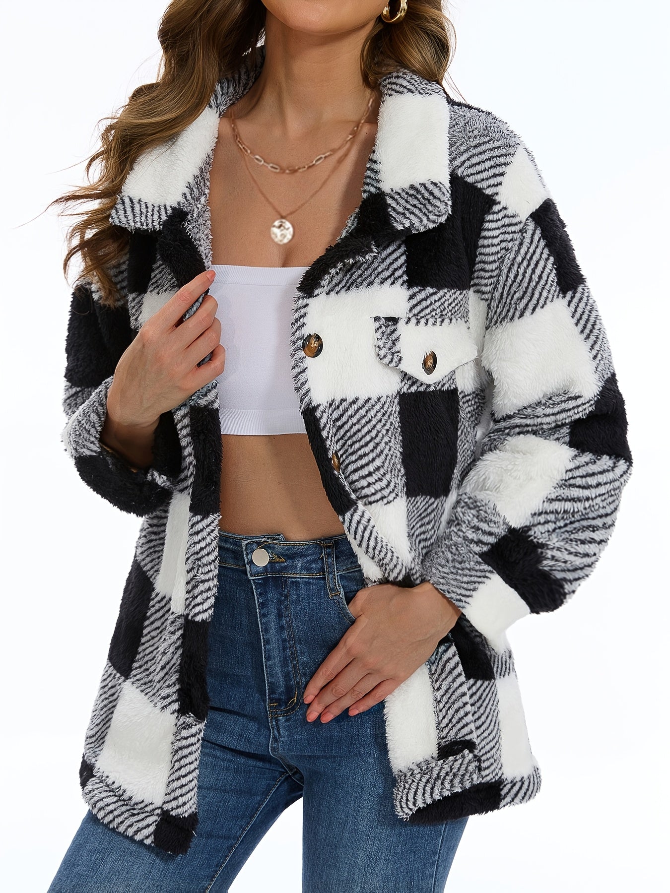 Stylish Plaid Teddy Coat - Women's Casual Jackets with Long Sleeves, Thermal Insulation, and Versatile Button Front Design for Winter Outwear - Soft, Warm, and Cozy