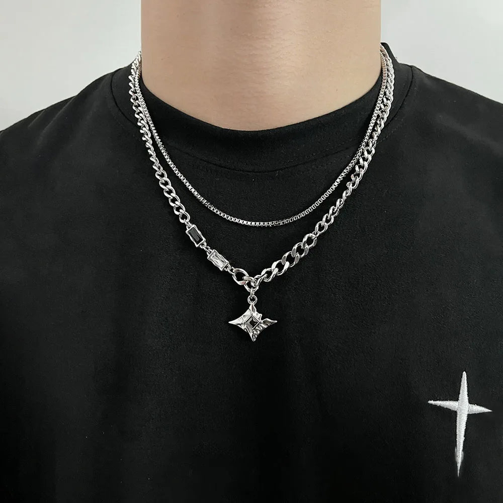 INGVN  Hip Hop Zircon Star Double Layer Necklace For Men Women Trend Charm Titanium Steel Pendant Chain Unisex Jewelry