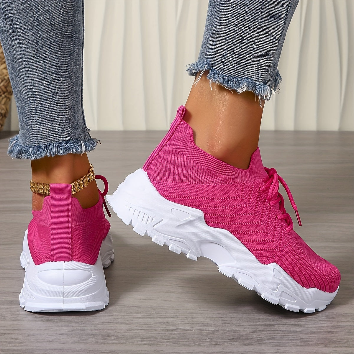 Women's Solid Color Fashion Sneakers, Lace-up Thick Sole Casual Running Shoes, Lightweight Breathable Walking Shoes, Non-Slip Soft Sole, All-Season Comfort Sports Shoes, Fabric Upper, PVC Sole, Fabric Lining, No Print