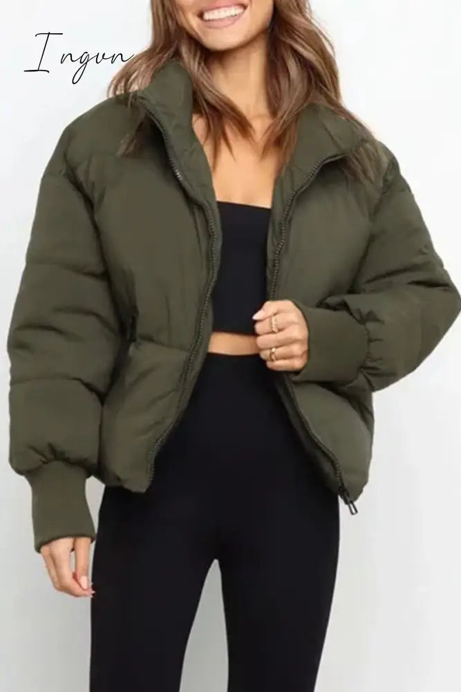 Ingvn - Casual Solid Pocket Zipper Mandarin Collar Outerwear
