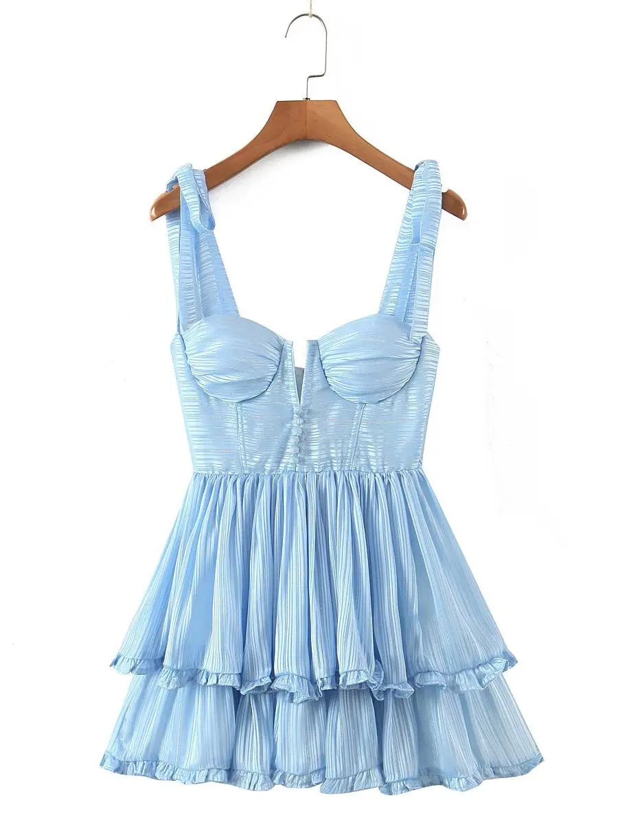 Summer Women Sexy Sling Sweet Ruffle Cake Chiffon Dress Female Holiday Party Mini Dresses Ladies Chic Robe